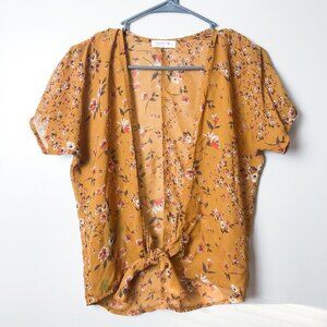 Beautees Tie Front Floral Chiffon Crop Top